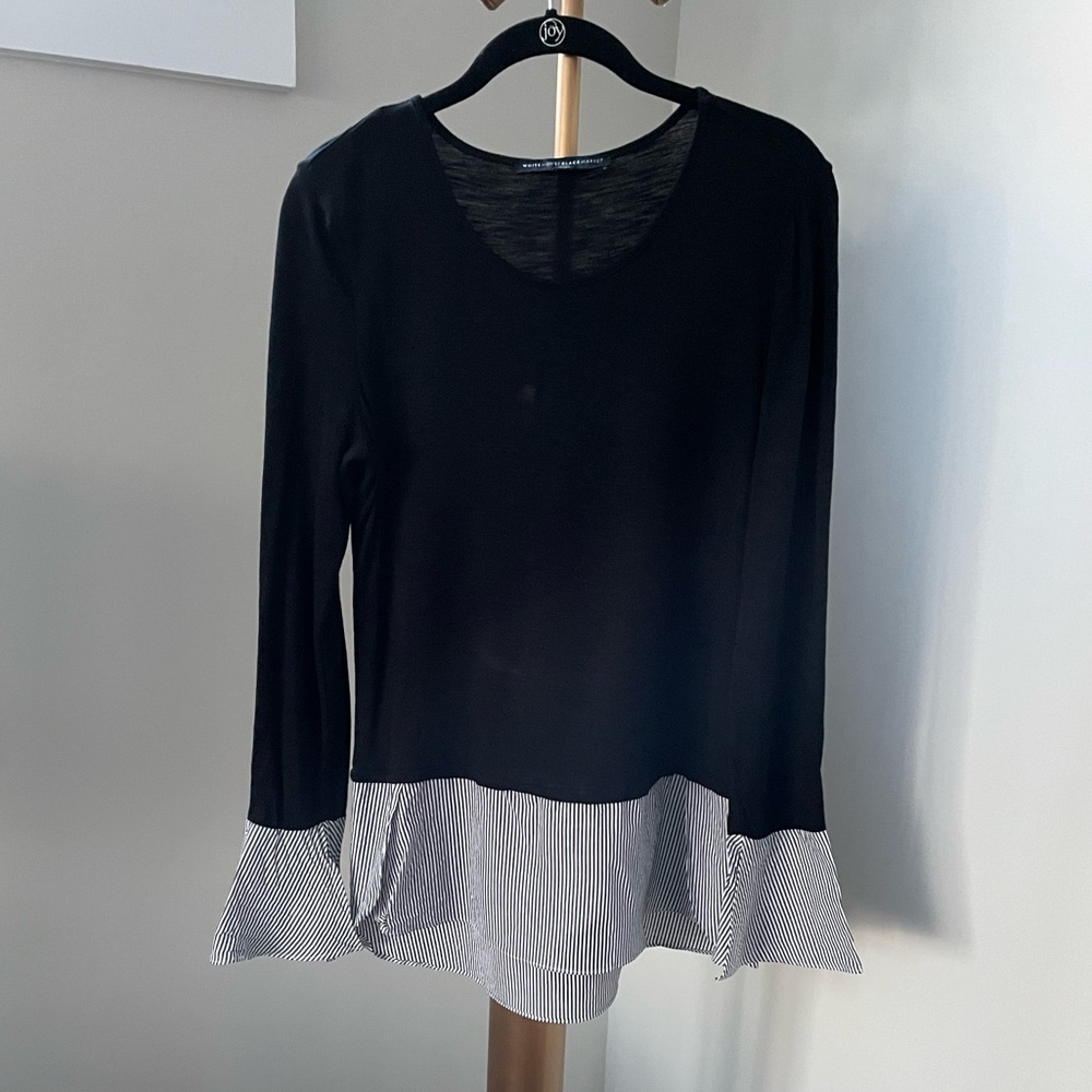 White House Black Market Black Blouse with Pin-Stripe Bell Sleeve Detail